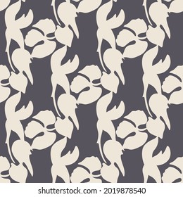 Seamless whimsical cute pattern of large abstract white botanical shapes on navy background.Endless floral ornament.Backdrop for fabric,textile,linen,covers,wrapping,decoupage,women clothes.Vector