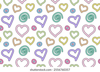 Seamless whimsical pattern featuring colorful hearts, spirals, and circles in pastel hues on a white background.