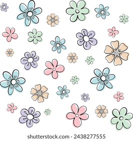 Seamless whimsical pattern featuring a variety of pastel flowers in different colors, shapes, and sizes.