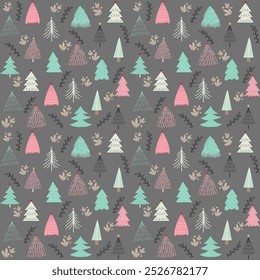 A seamless whimsical pattern of stylized Christmas trees in pink, teal, black. The trees are decorated with dots, stripes, and stars, and interspersed with small leaves and branches