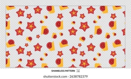Seamless whimsical stars and snails pattern with cute red and yellow elements on transparent background