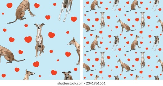 Seamless whippet dogs pattern, holiday texture. Packaging, textile, decoration, red wrapping paper. Saint Valentine wallpaper with hearts and mascots. Fun seamless square pattern with hearts.