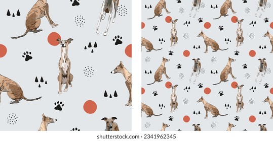 Patrón de perros blancos sin mar, textura de vacaciones. Formato cuadrado, camiseta, afiche, embalaje, textil, tela, decoración, papel de embalaje. Papel de fondo abstracto de moda dibujado a mano con perros.