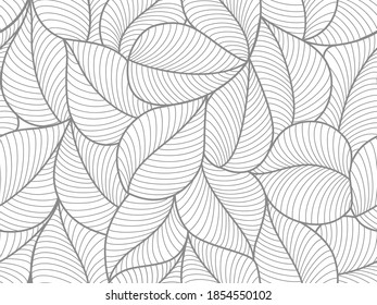 seamless white abstract background with grey leaves drawn by thin lines