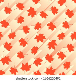 Seamless white abstract background of red maple leaves with stripes of light behind.