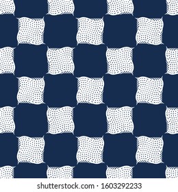 Seamless of White abstract geometric shape on navy blue background. Fabric cloth is waving. Gingham check pattern.