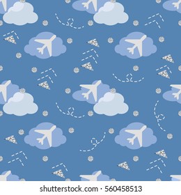 seamless white airplane in blue sky pattern background