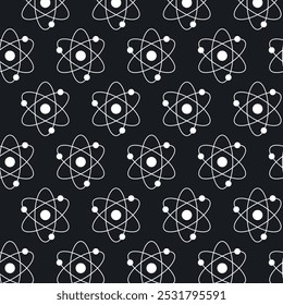 Padrão de átomo branco contínuo no fundo preto. Conceito de Ilustração da Ciência, Estrutura Atômica, Química, Física. Elemento de design educacional, Papel de parede científico, Papel de embrulho, Imprimir