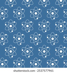 Seamless White Atom Pattern on Dark Blue Background. Concept of Science Illustration, Atomic Structure, Chemistry, Physics. Educational Design Element, Scientific Wallpaper, Wrapping paper, Print.