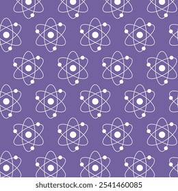 Seamless White Atom Pattern on Purple Background. Concept of Science Illustration, Atomic Structure, Chemistry, Physics. Educational Design Element, Scientific Wallpaper, Wrapping paper, Print