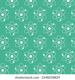 Padrão de átomo branco contínuo no fundo verde. Conceito de Ilustração da Ciência, Estrutura Atômica, Química, Física. Elemento de design educacional, Papel de parede científico, Papel de embrulho, Imprimir