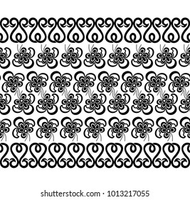 Seamless white background with black floral lace pattern, design element set. Vector retro illustration. Ideal for printing on fabric or paper.