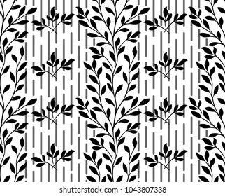 Seamless white background with black leaves, design for packaging in trendy linear style. Ideal for printing on fabric or paper. Vector illustration.