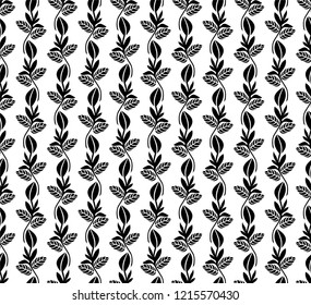 Seamless white background with black leaves. Vector retro illustration. Ideal for printing on fabric or paper for wallpapers, textile, wrapping. 