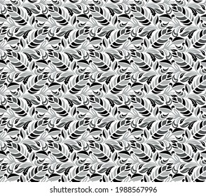 Seamless white background with black leaves. Vector retro illustration. Ideal for printing on fabric or paper for wallpapers, textile, wrapping. 