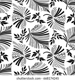 Seamless white background with black leaves, design for packaging in trendy linear style. Ideal for printing on fabric or paper. Vector illustration. 