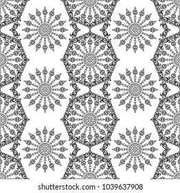 Seamless white background with black mandala ornament in the east style. Ideal for printing on fabric or paper for wallpapers, textile, wrapping. Vector illustration.