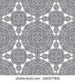 Nahtloser weißer Hintergrund mit schwarzem Mandala-Ornament im Oststil. Ideal zum Bedrucken auf Stoff oder Papier für Textilien, Umhüllung. Vektorillustration.