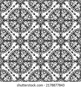 Seamless white background with black mandala ornament in the east style. Ideal for printing on fabric or paper for textile, wrapping. Vector illustration.