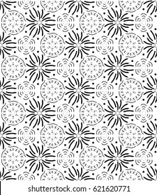 Seamless white background with black mandala pattern. Vector illustration. 
Ideal for printing on fabric or paper.
