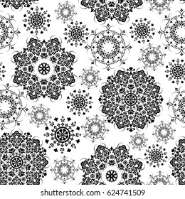 Seamless white background with black mandala pattern. Vector illustration. 
Ideal for printing on fabric or paper.

