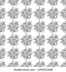 Seamless white background with black outline flowers
