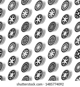 Seamless white background with black outline transport wheel silhouettes