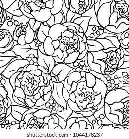 seamless white background with black outlines of the roses