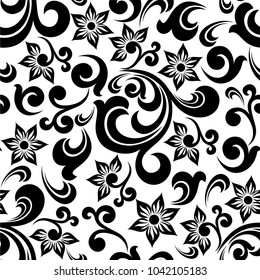 Seamless white background with black pattern in baroque style. Vector retro illustration. Ideal for printing on fabric or paper for wallpapers, textile, wrapping. 