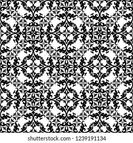 Seamless white background with black pattern in baroque style. Vector retro illustration. Ideal for printing on fabric or paper for wallpapers, textile, wrapping. 