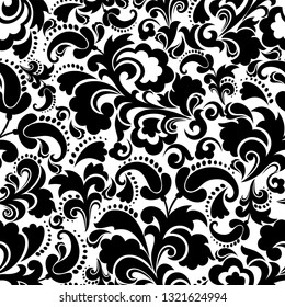 Seamless white background with black pattern in baroque style. Vector retro illustration. Ideal for printing on fabric or paper for wallpapers, textile, wrapping. 