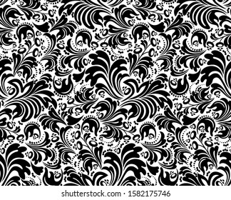 Seamless white background with black pattern in baroque style. Vector retro illustration. Ideal for printing on fabric or paper for wallpapers, textile, wrapping. 