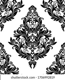 Seamless white background with black pattern in baroque style. Vector retro illustration. Ideal for printing on fabric or paper for wallpapers, textile, wrapping. 