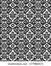 Seamless white background with black pattern in baroque style. Vector retro illustration. Ideal for printing on fabric or paper for wallpapers, textile, wrapping. 