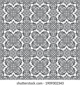 Seamless white background with black pattern in baroque style. Vector retro illustration. Ideal for printing on fabric or paper for wallpapers, textile, wrapping. 