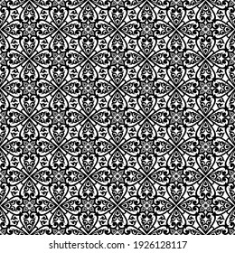 Seamless white background with black pattern in baroque style. Vector retro illustration. Islam, Arabic, Indian, ottoman motifs. Perfect for printing on fabric or paper.