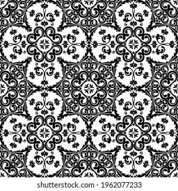 Seamless white background with black pattern in baroque style. Vector retro illustration. Islam, Arabic, Indian, ottoman motifs. Perfect for printing on fabric or paper.