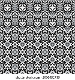 Seamless white background with black pattern in baroque style. Vector retro illustration. Islam, Arabic, Indian, ottoman motifs. Perfect for printing on fabric or paper.