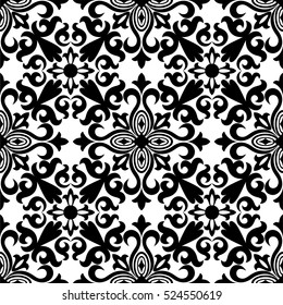 Seamless white background with black pattern in baroque style.