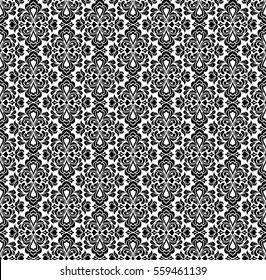 Seamless white background with black pattern in baroque style. Vector retro illustration.  Ideal for printing on fabric or paper.