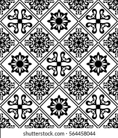 Seamless white background with black pattern in baroque style. Vector retro illustration. Ideal for printing on fabric or paper.