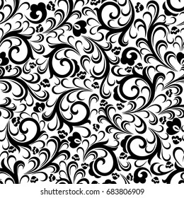 Seamless white background with black pattern in baroque style. Vector retro illustration. Ideal for printing on fabric or paper.