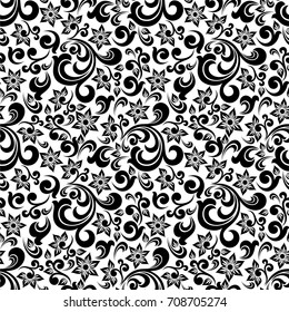 Seamless white background with black pattern in baroque style. Vector retro illustration. Ideal for printing on fabric or paper.