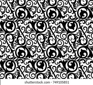Seamless white background with black pattern in baroque style. Vector retro illustration. Ideal for printing on fabric or paper.
