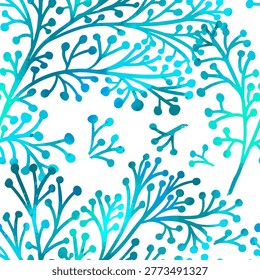 Seamless white background with blue neon flowers. Hand drawn. Not AI, vector illustration.