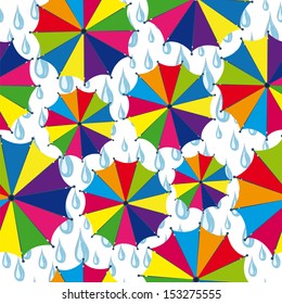 Seamless white background of blue rain drops and bright umbrellas