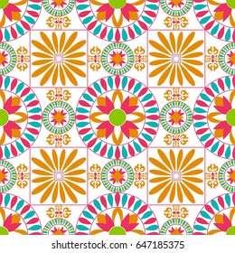 Seamless white background with blue, red and yellow pattern in baroque style. Vector retro illustration. Ideal for printing on fabric or paper.