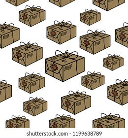 Seamless white background with brown parcels. Vector illustration