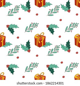 Seamless white background with Christmas elements. New Year. Gifts, mistletoe leaves. Holly Christmas icon. Vector. Doodle style. Christmas. Gifts in boxes. Suitable for festive fabrics, paper.