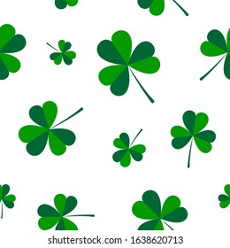 Seamless white background with clover leaf. Pattern for Saint Patrick Day. Vector graphic illustration.